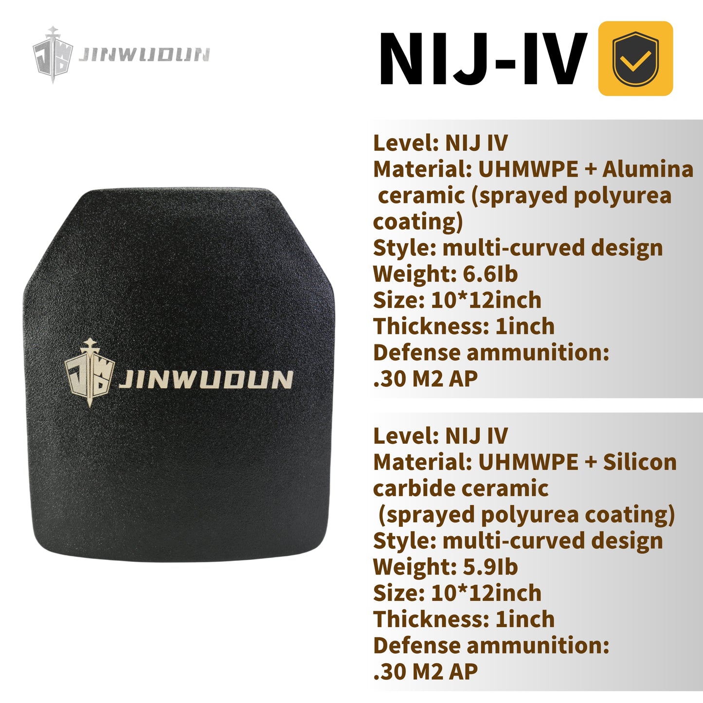 Multi-Curve Bulletproof Plate Level IV, Ceramic Composite, Polyurea Coating, 10x12 Inches