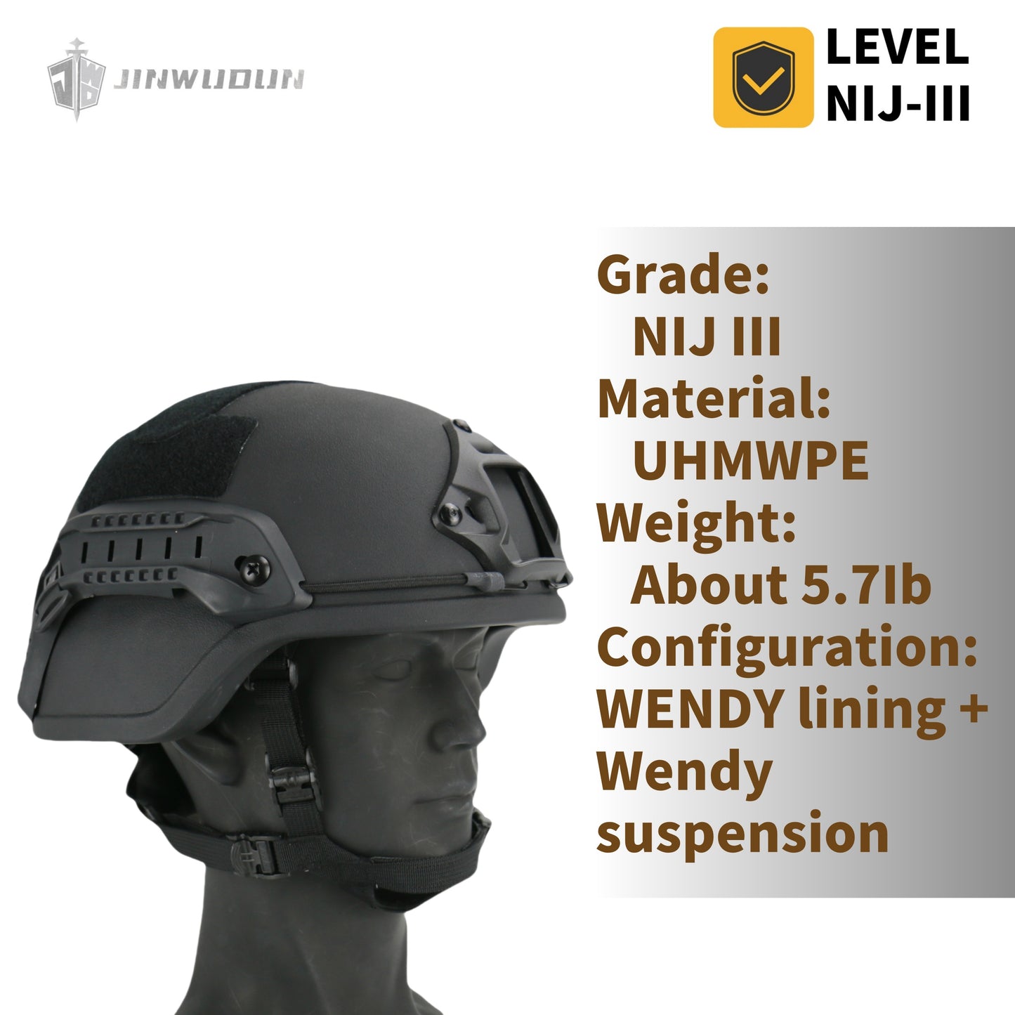 JWD-Level NIJ III bulletproof helmet MICH 2000 helmet type helmet 15 meters defense 7.62*51 M80 bullet PE material