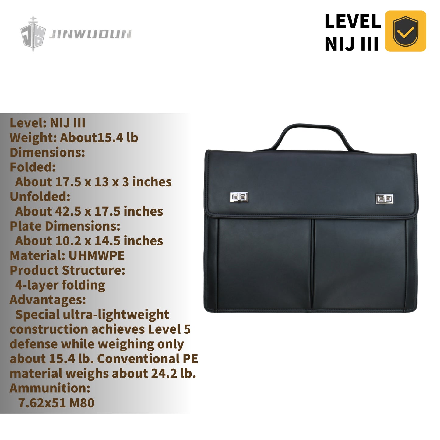 Foldable Bulletproof Briefcase | NIJ IIIA+ Rated | Lightweight UHMWPE Material | Portable 4-Fold Design