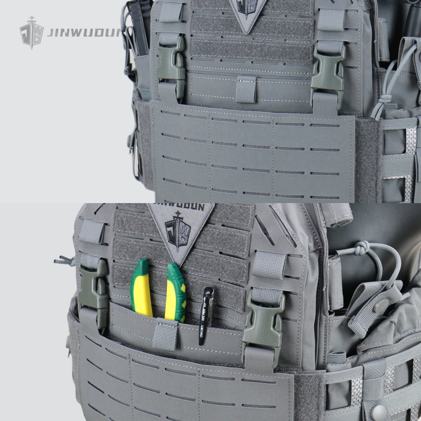 LG4 tactical vest with Cordura fabric, laser molle cut, thickened shoulder pads and built-in storage bags on both sides.