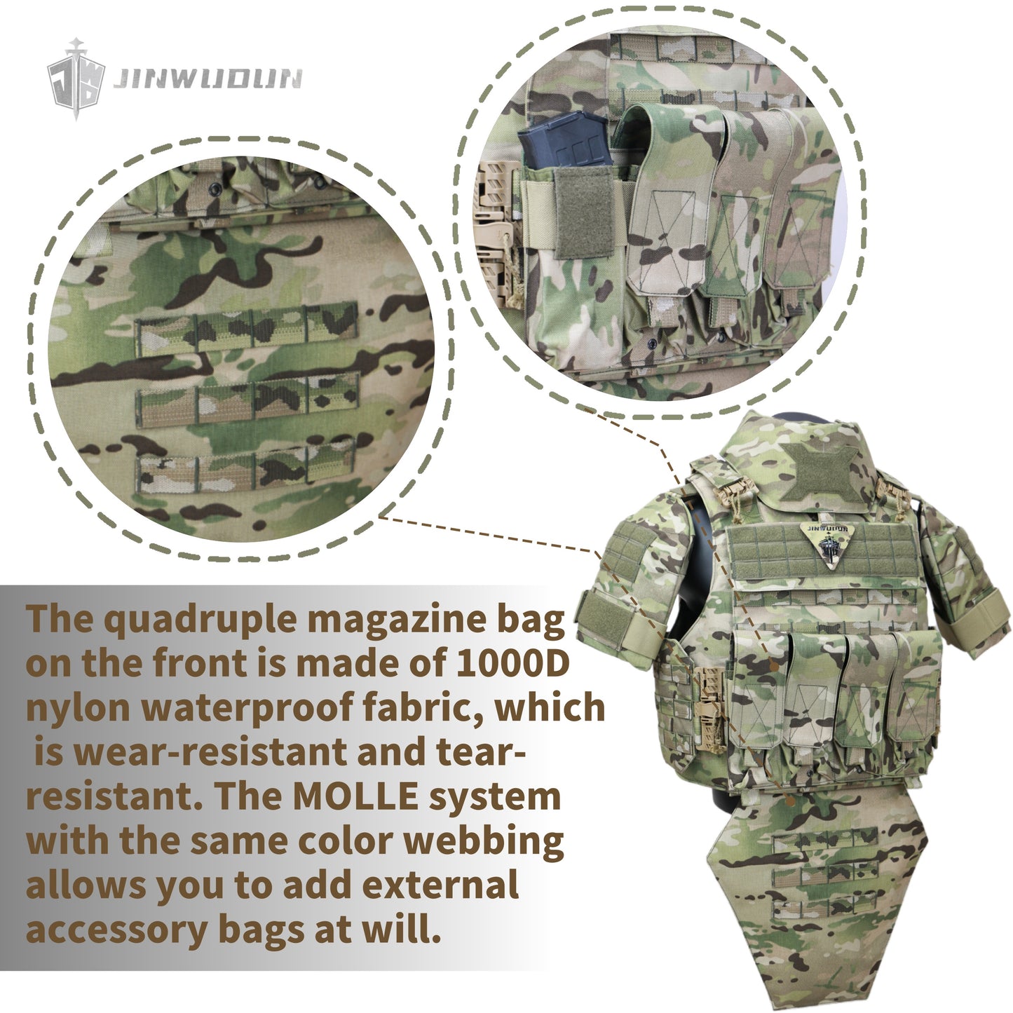 JWD-NIJ IIIA/III+/IV LEVEL Bison full protection bulletproof vest, 1000D nylon material fortress protection camouflage