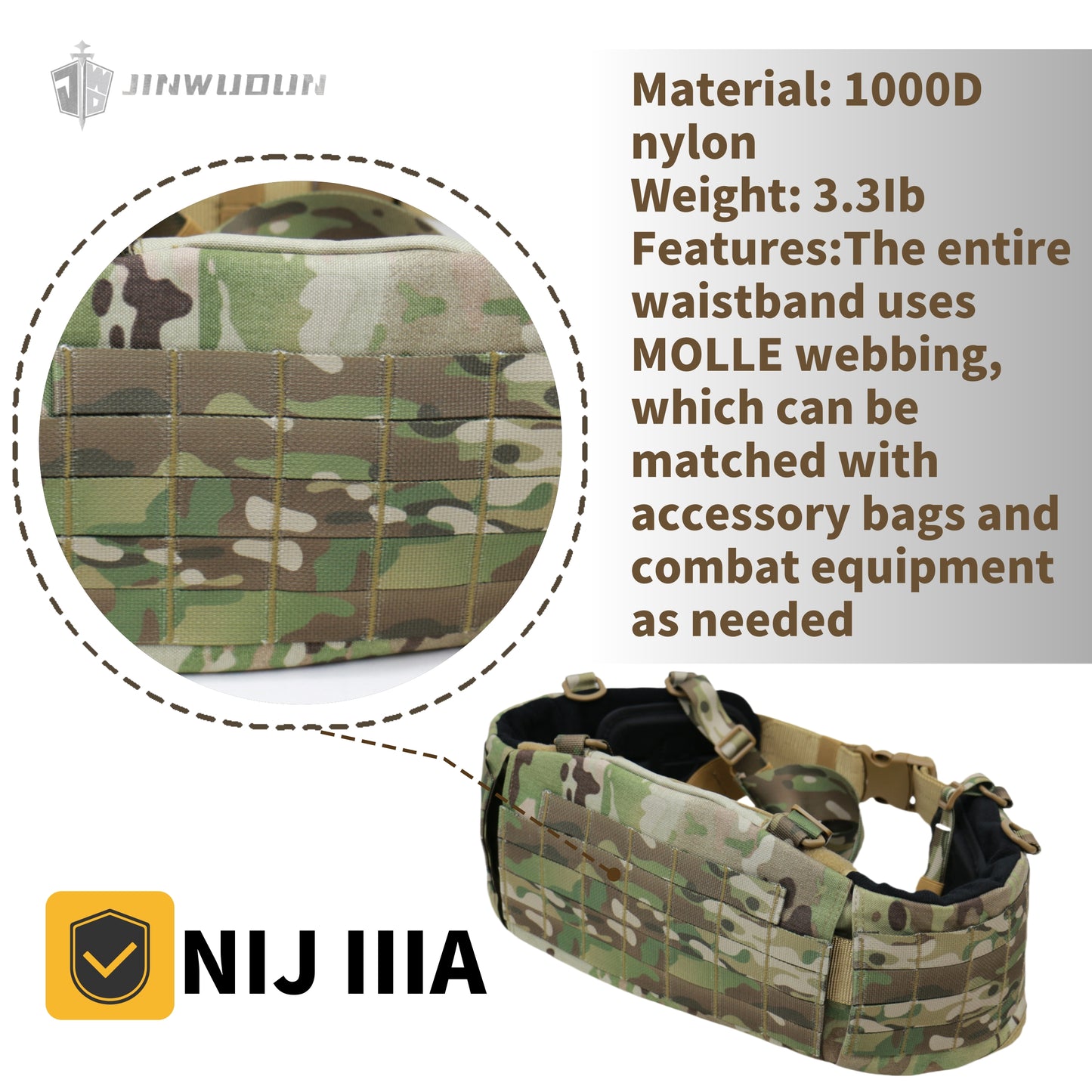 JWD-NIJ IIIA Bulletproof tactical waist belt, 1000D nylon material MOLLE webbing suitable for various tactical accessories
