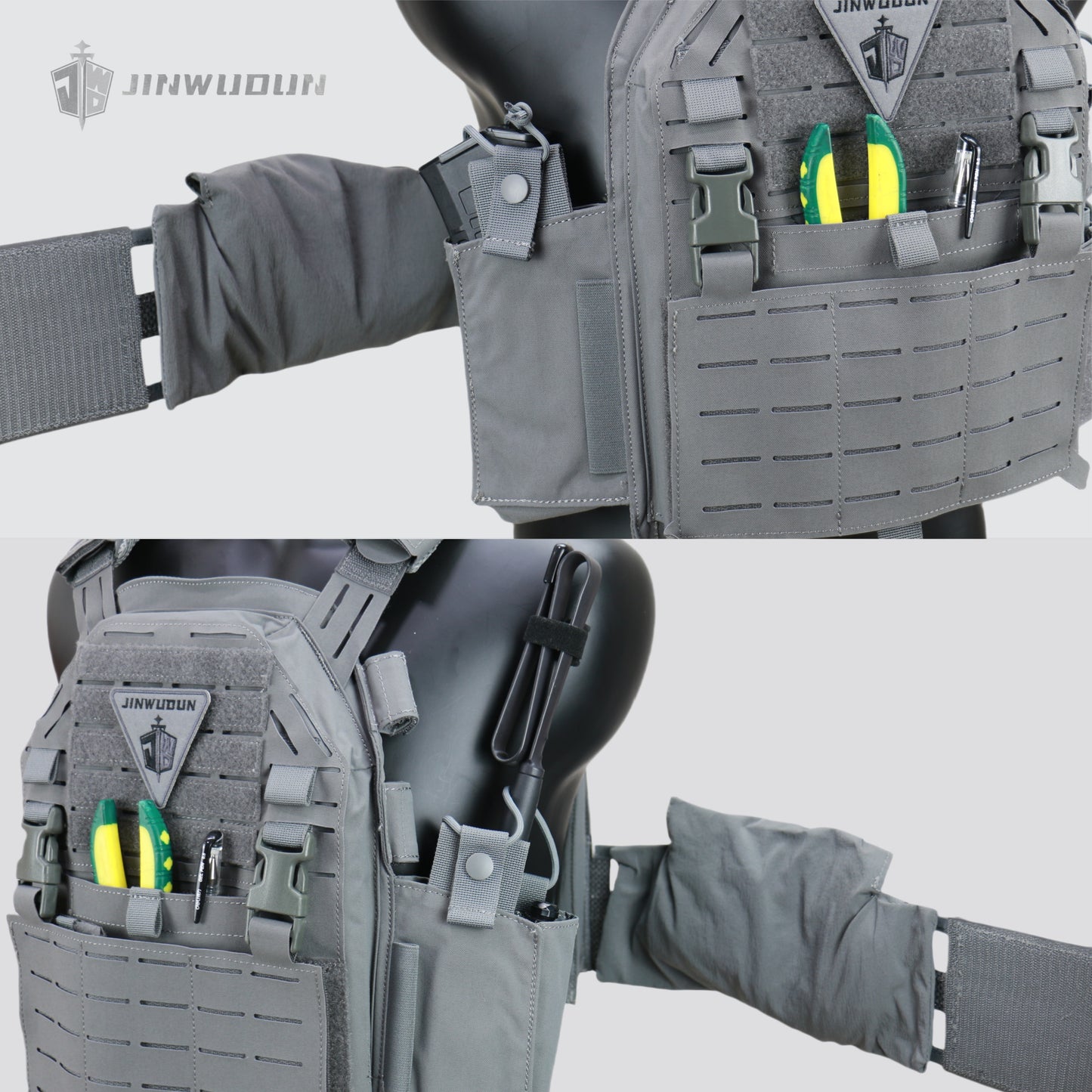 LG4 tactical vest with Cordura fabric, laser molle cut, thickened shoulder pads and built-in storage bags on both sides.
