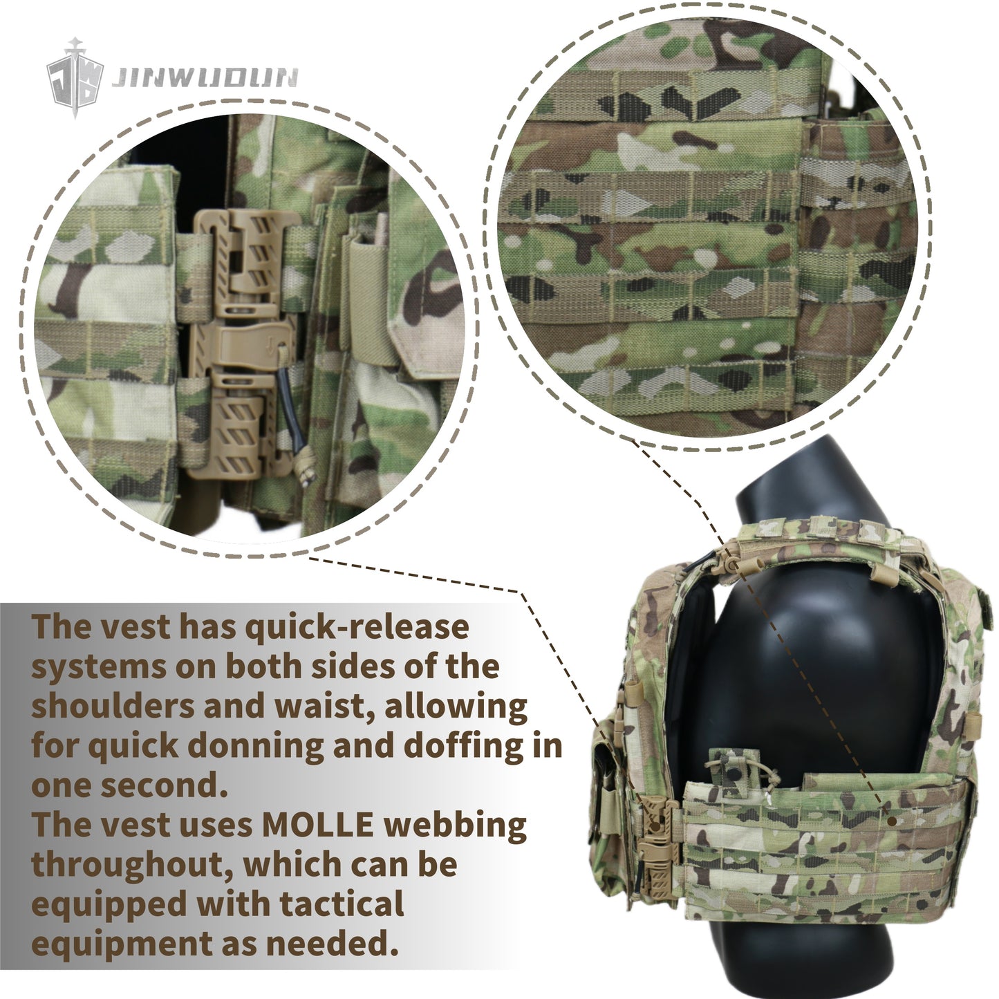 The JWD-6094 tactical vest is made of 1000D nylon and can carry two bulletproof plates on the front and back.