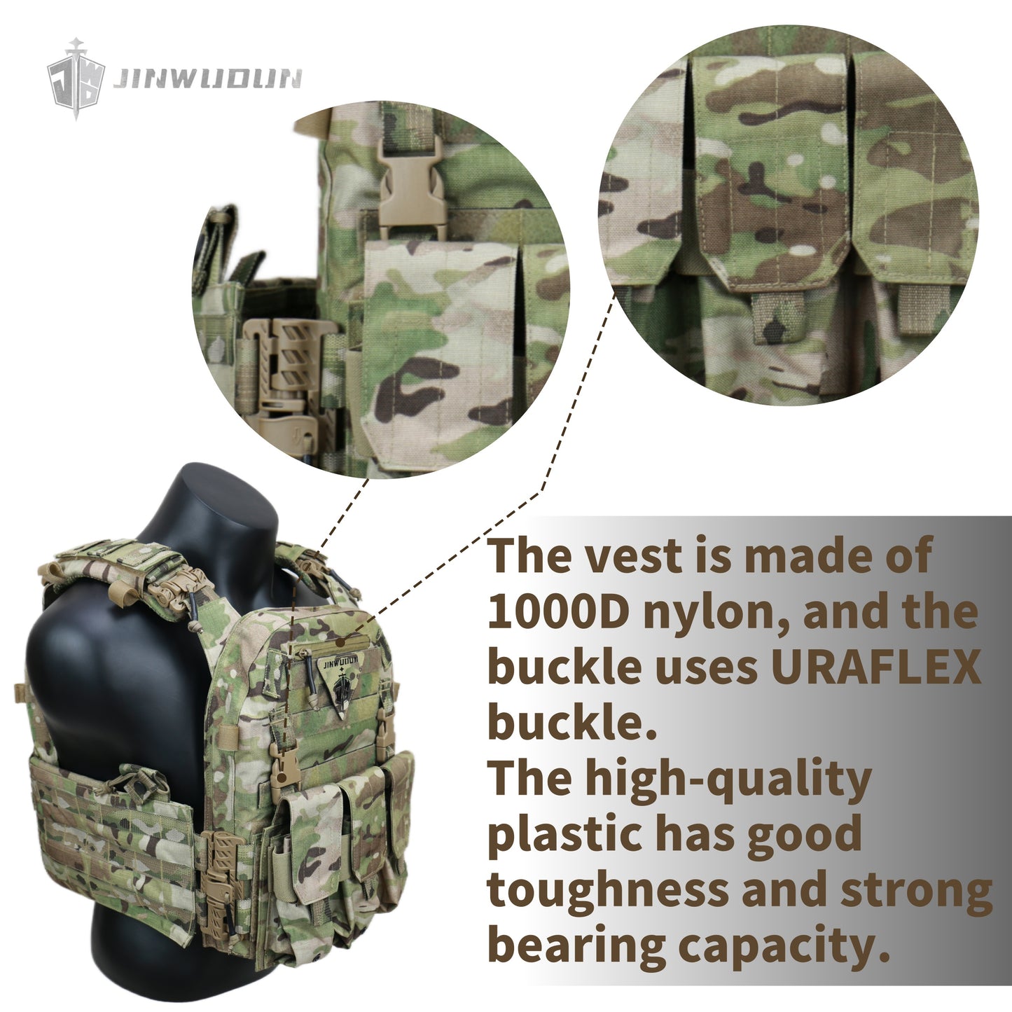 The JWD-6094 tactical vest is made of 1000D nylon and can carry two bulletproof plates on the front and back.