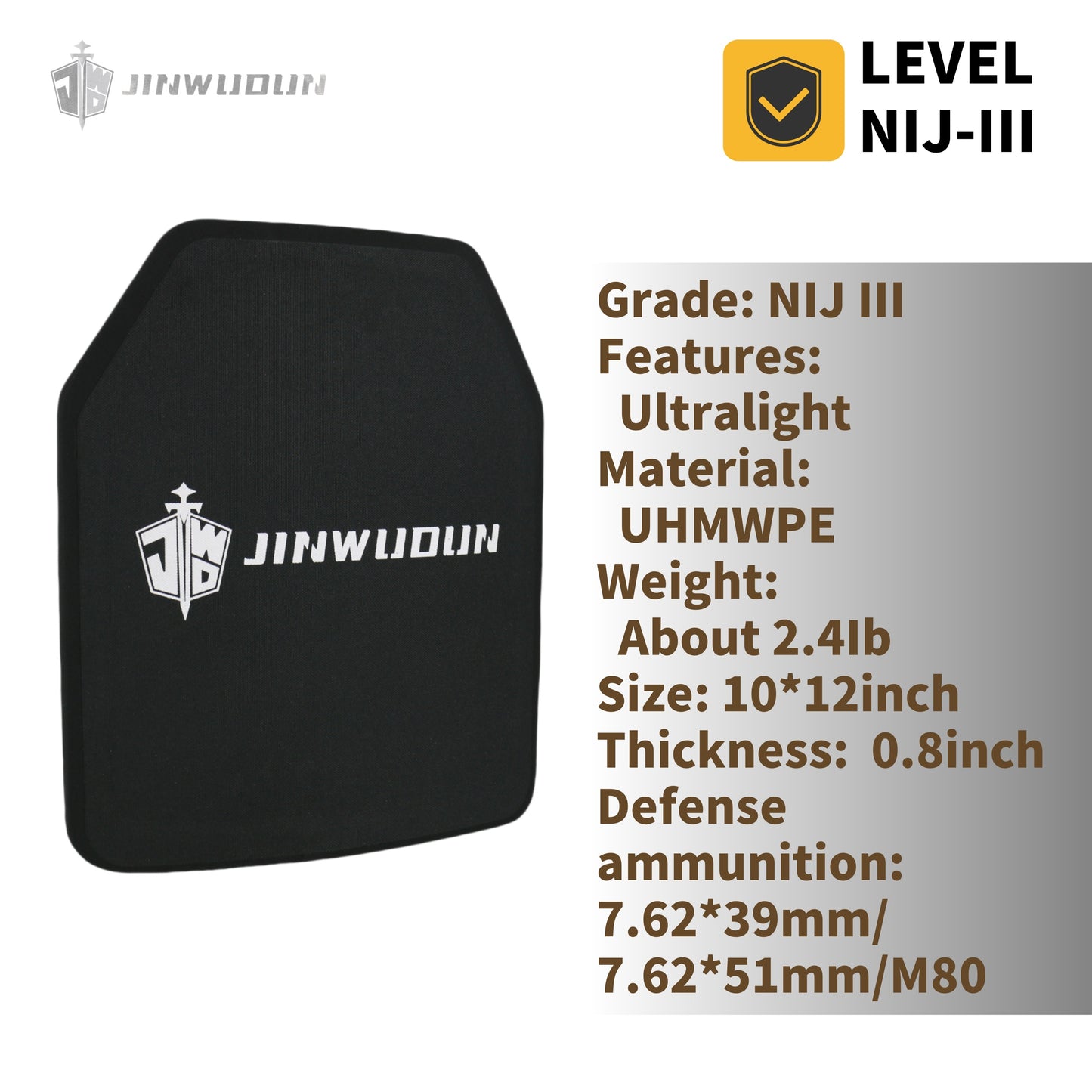 NIJ III bulletproof plate, UHMWPE material, ultra-light bulletproof plate, weight about 2.4Ib, 10*12inch