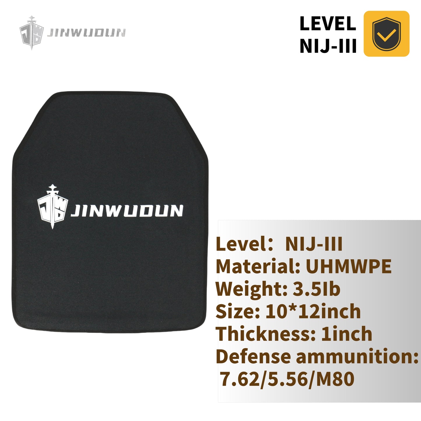 Level III Bulletproof Plate - Single Layer Pure UHMWPE, 10x12 Inches, Lightweight & Durable