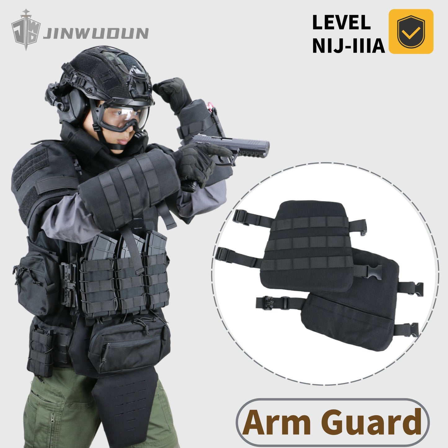 JWD-Level NIJ IIIA bulletproof arm guard with 1000D nylon fabric and MOLLE webbing