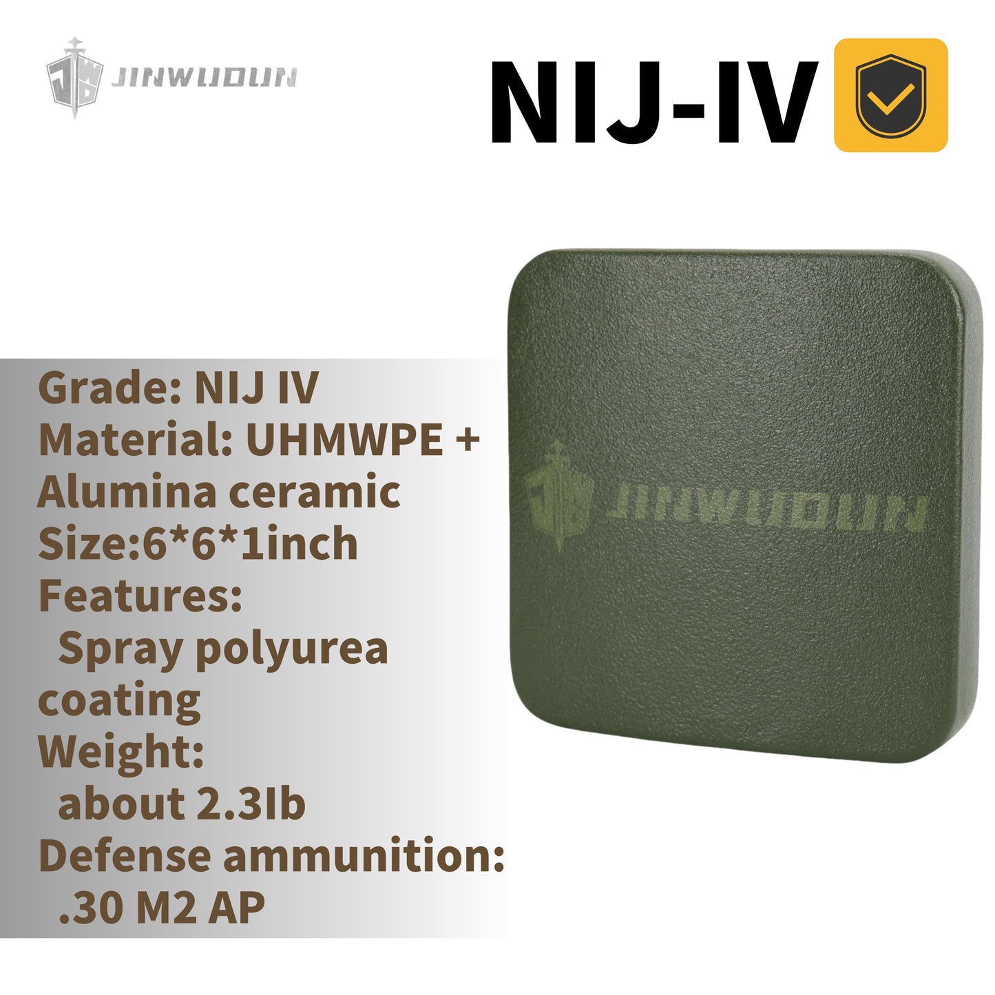 LEVEL NIJ IV+spray polyurea coating, 6*6inch ,Alumina ceramic/Silicon carbide ceramic+PE bulletproof waist plate
