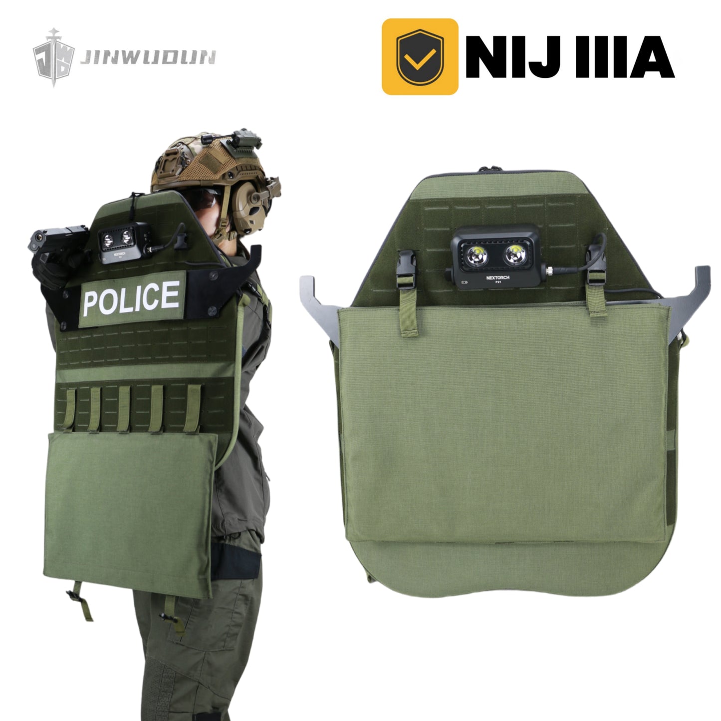JWD-Level NIJ IIIA tactical quick-response bulletproof shield, lightweight and multi-purpose with strobe light, UHMWPE material