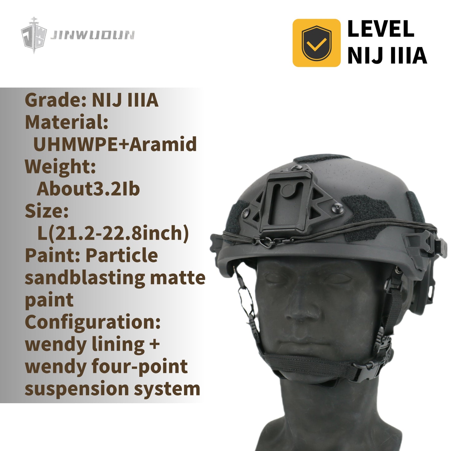 JWD-WENDY3.0 tactical bulletproof helmet IIIA level, UHMWPE/Aramid material, spray polyurea coating