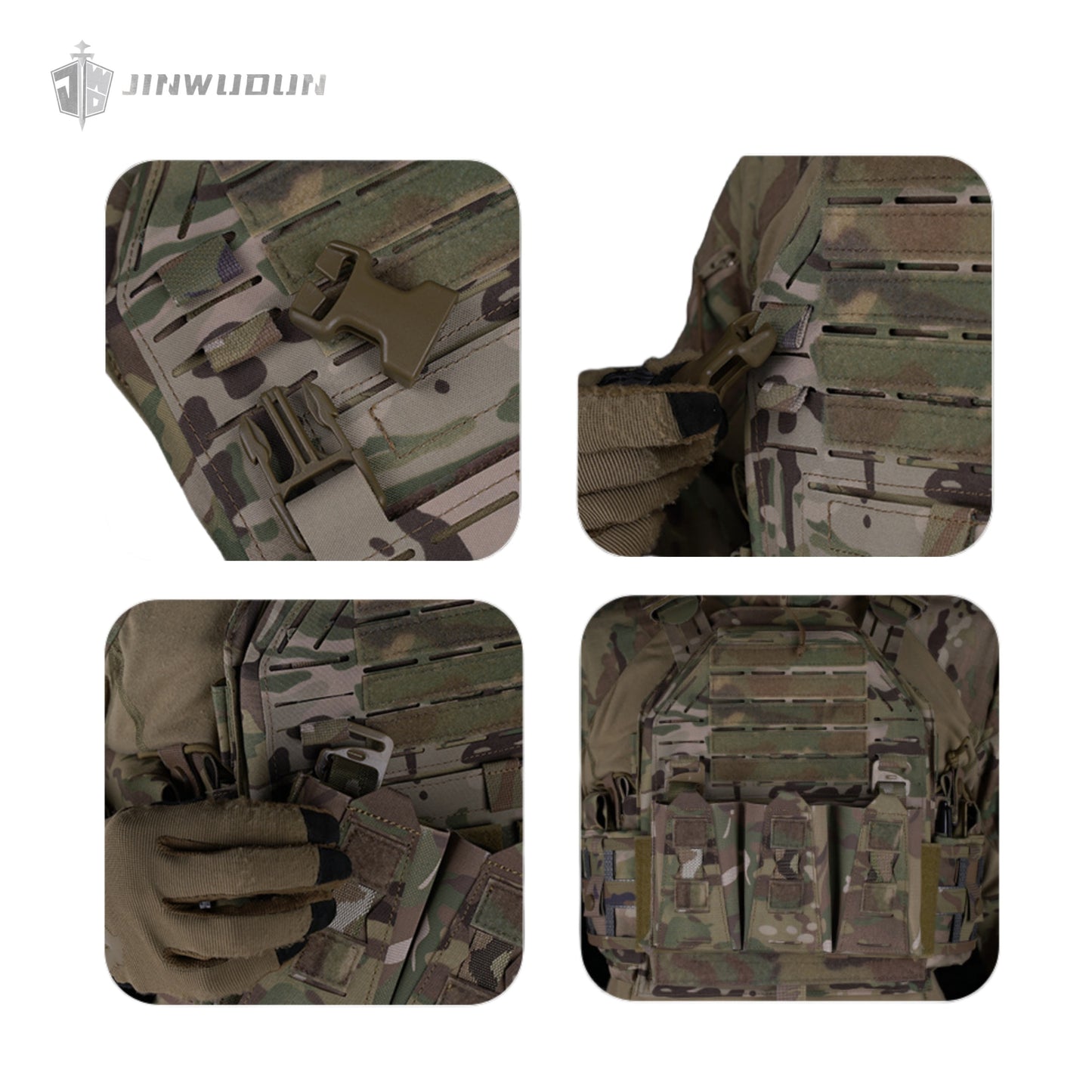 LG4 tactical vest with Cordura fabric, laser molle cut, thickened shoulder pads and built-in storage bags on both sides.