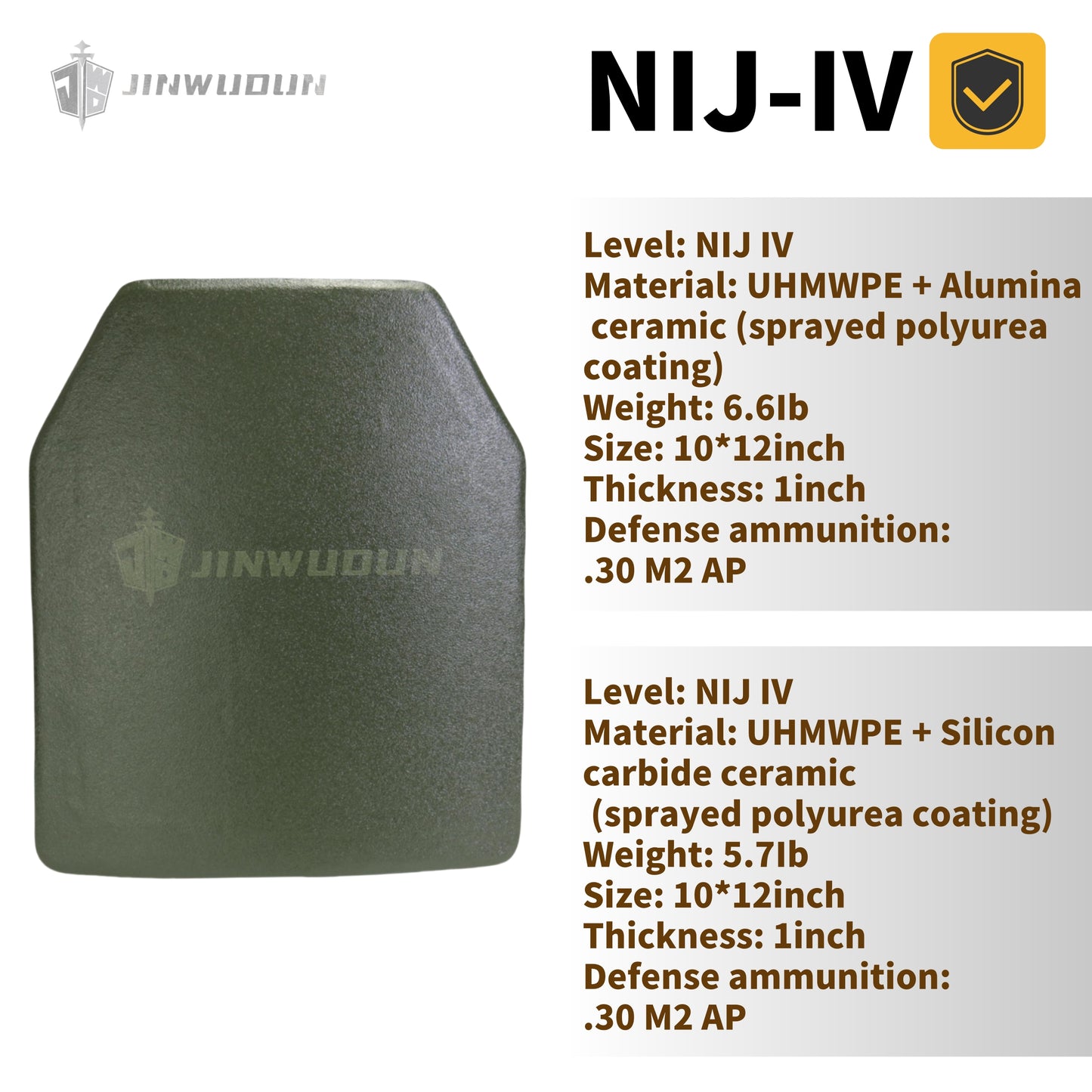 Bulletproof Plate NIJ IV, UHMWPE + Ceramic Composite, Polyurea Coating, 10x12 Inches