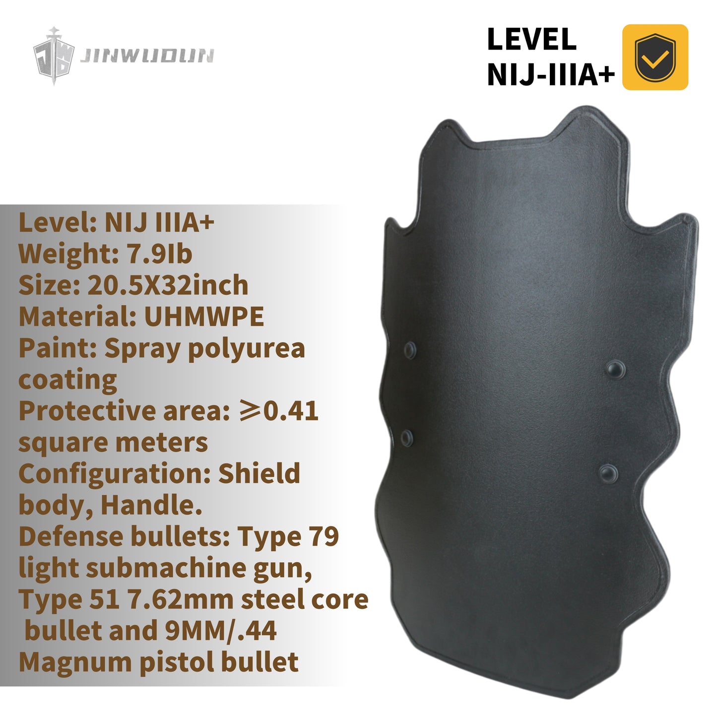 "NIJ IIIA+ Irregular Bulletproof Shield | UHMWPE Material with Polyurea Coating | 20.5x32-inch