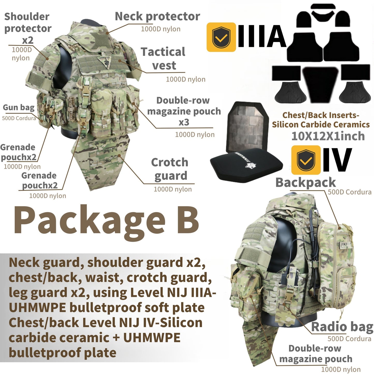 JWD-NIJ IIIA/IV full protection bulletproof vest, complete with accessory bag, 1000D nylon material fortress protection camouflage