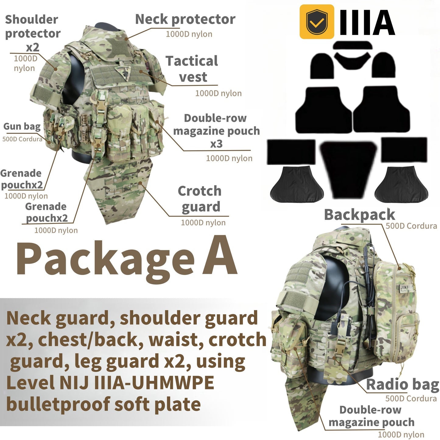 JWD-NIJ IIIA/IV full protection bulletproof vest, complete with accessory bag, 1000D nylon material fortress protection camouflage