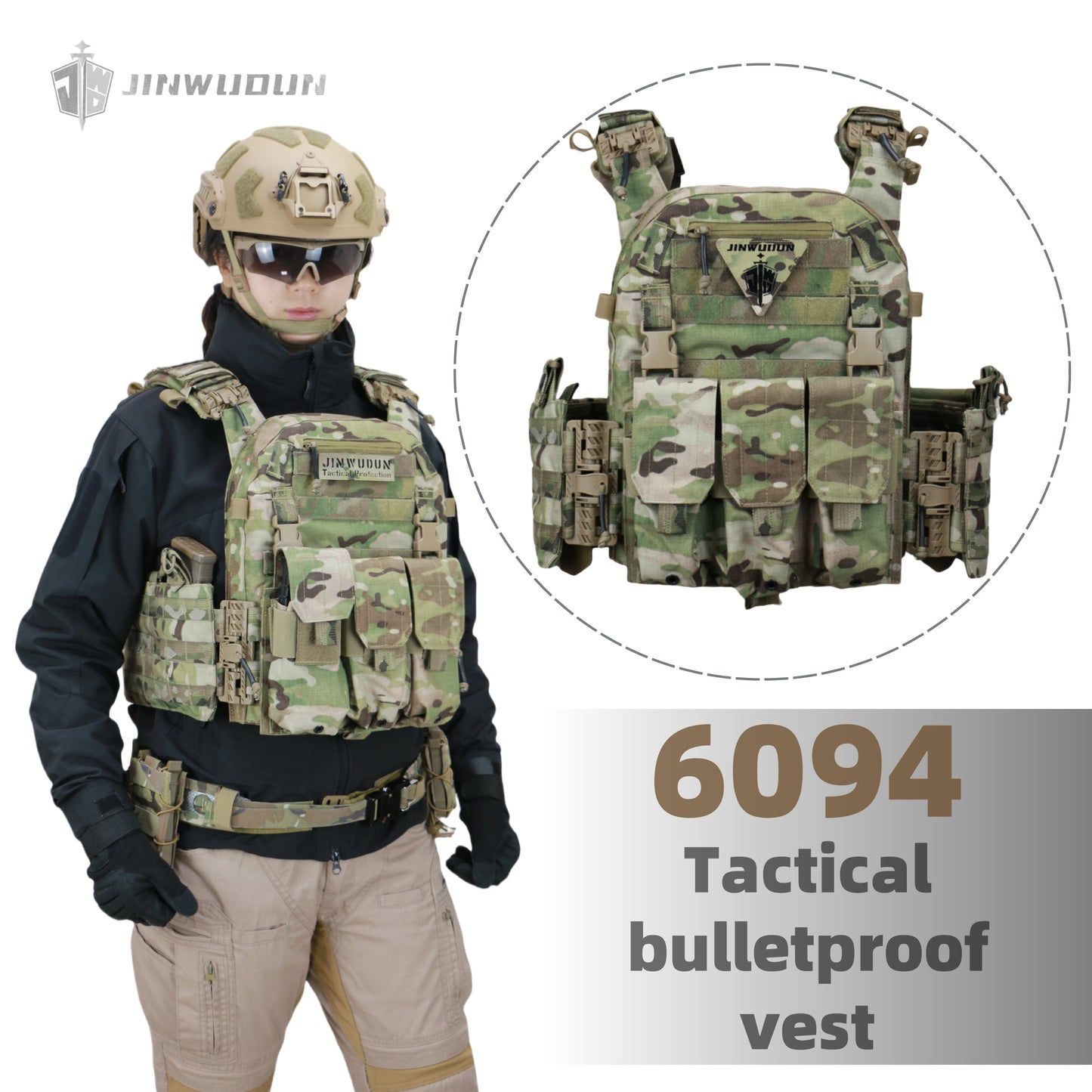 JWD-6094 tactical bulletproof vest is made of 1000D nylon material and can carry two bulletproof plates on the front and back