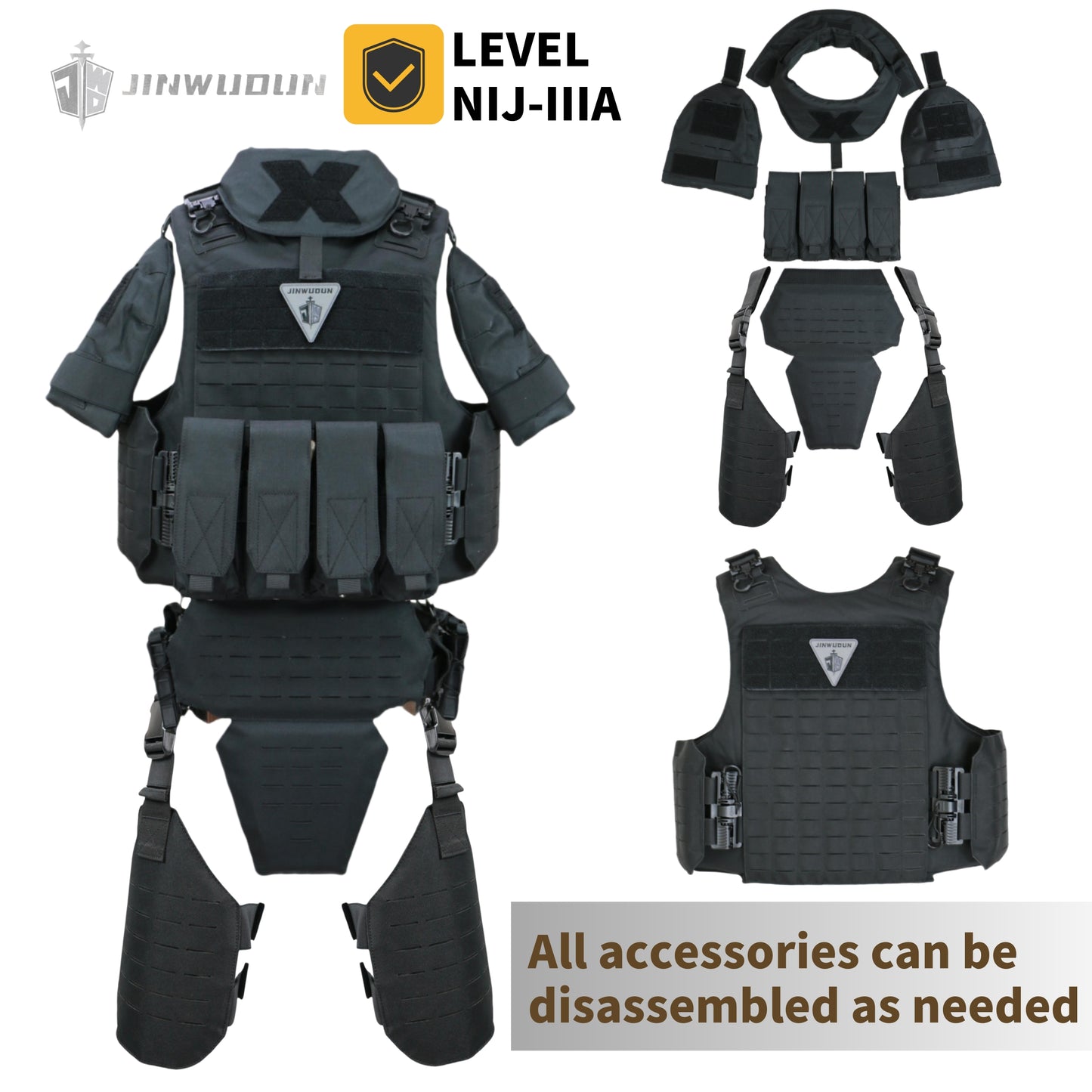 Full-Body Protection Bulletproof Vest NIJ IIIA/IV | Tactical Body Armor for Neck, Chest, Back, Groin, Leg Protection – Black