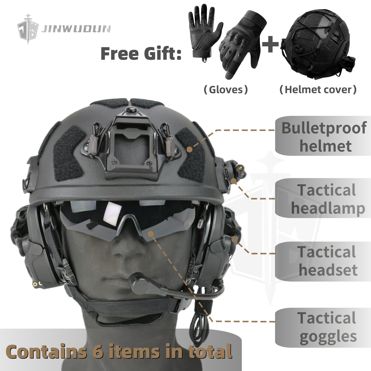 Level IIIA+ High Cut Bulletproof Helmet, 6-Piece Set