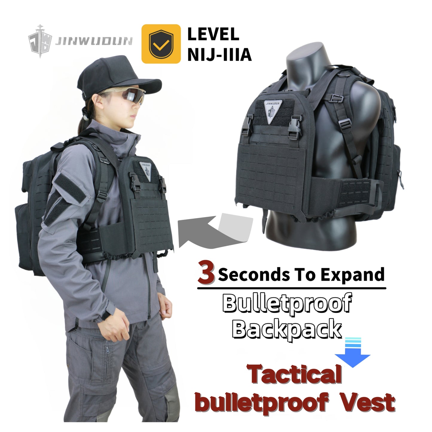 Tactical Bulletproof Backpack,3-Second Quick-Convert Level III Protection, Nylon Material, 15-20L Capacity Bag Bulletproof