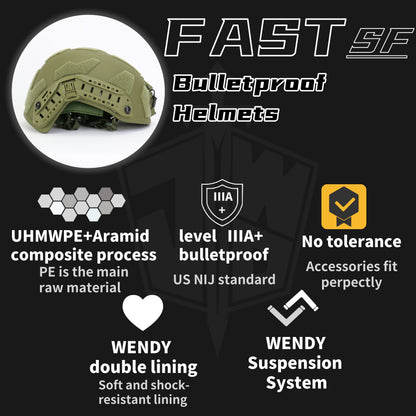 NIJ IIIA+ Protection FAST SF Bulletproof Helmet - High-Performance Aramid Material, Wendy Dual-Layer Suspension Liner