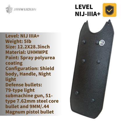 NIJ IIIA+ Bulletproof Shield with Night Light | UHMWPE Protection | 12.2x28.3-inch Polyurea Coating