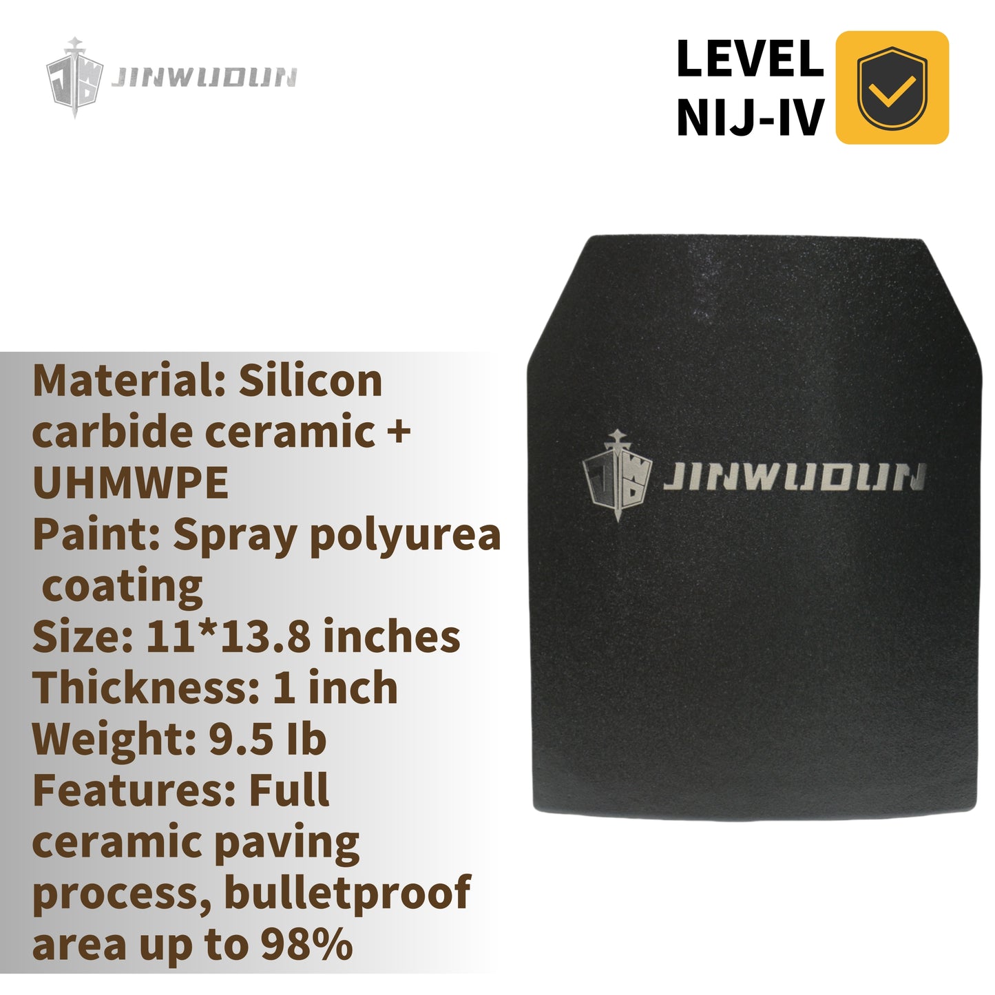 NIJ IV spray polyurea coating, full paving process silicon carbide ceramic + PE material bulletproof plate, size 11*13.8inch