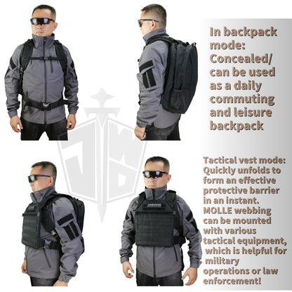 NIJ-III level tactical bulletproof backpack, 3 seconds quick change into tactical vest, nylon material, 15-20 liter capacity bag bulletproof