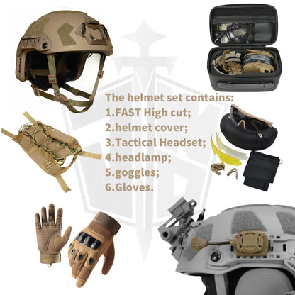 Level IIIA+ High Cut Bulletproof Helmet, 6-Piece Set，Tactical headsets, headlamps, goggles, etc.