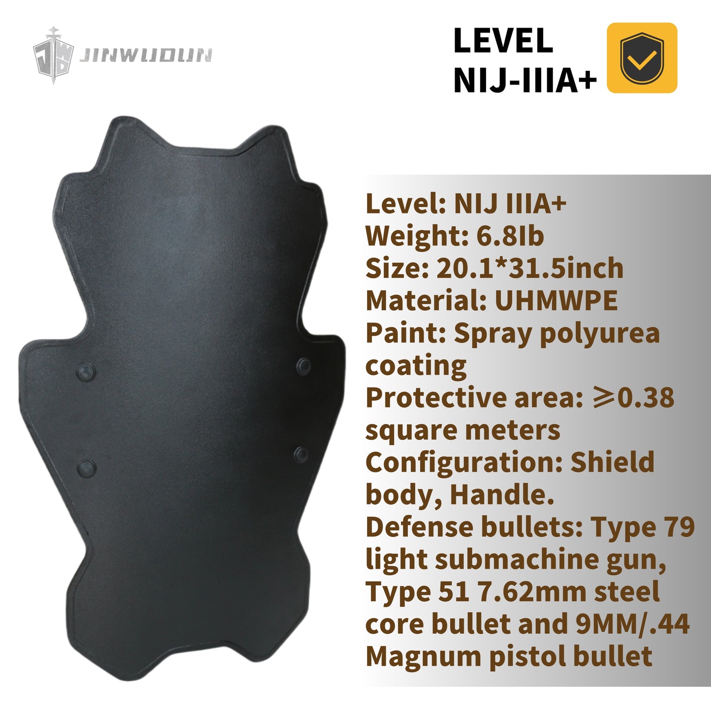 NIJ IIIA+ Irregular Bulletproof Shield | UHMWPE with Polyurea Coating | 20.1x31.5-inch