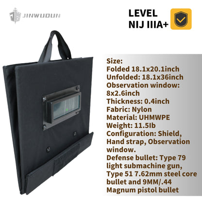 Foldable Bulletproof Shield NIJ IIIA+: 18.1x36-Inch UHMWPE with Durable Nylon Cover