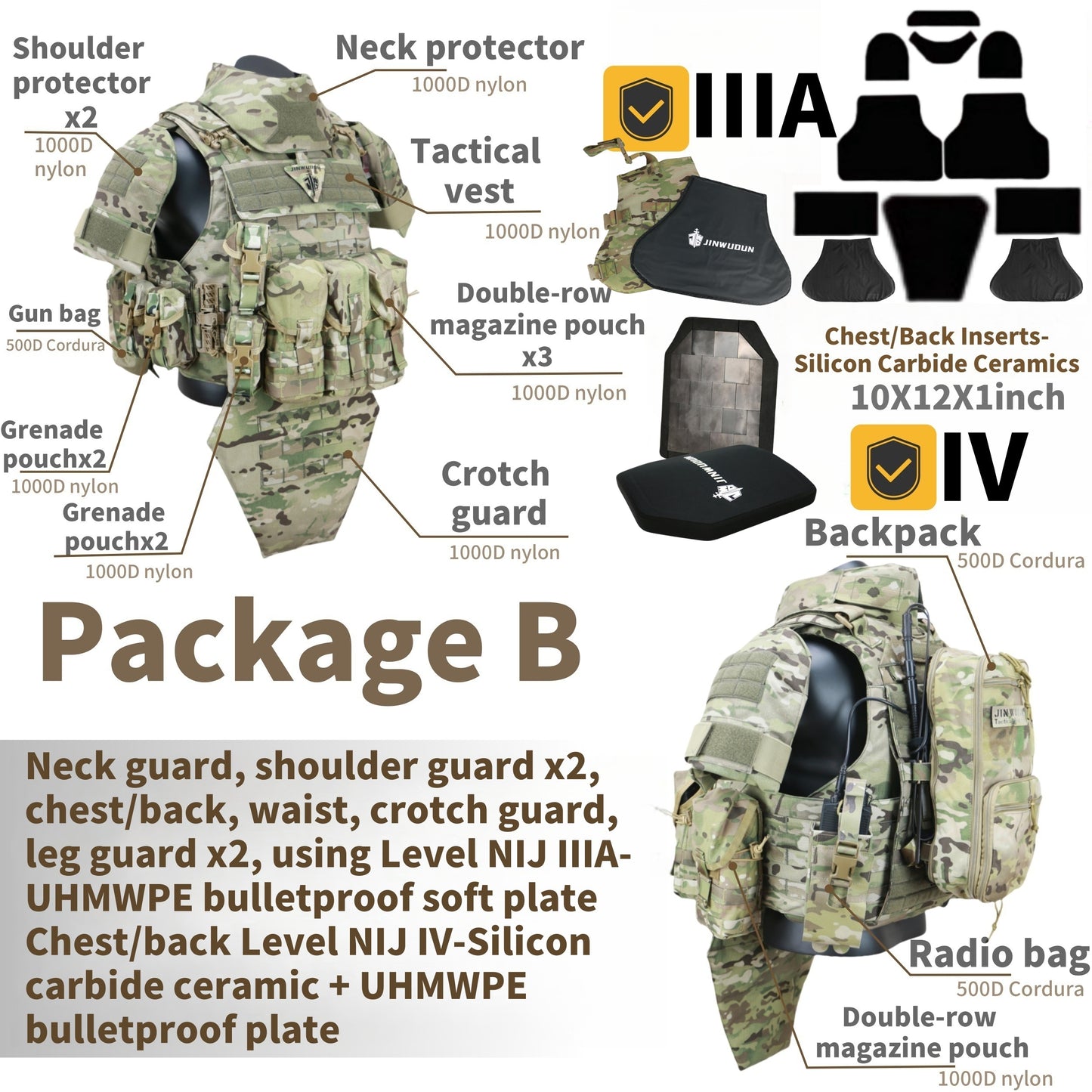 JWD-NIJ IIIA/IV full protection bulletproof vest, complete with accessory bag, 1000D nylon material fortress protection camouflage