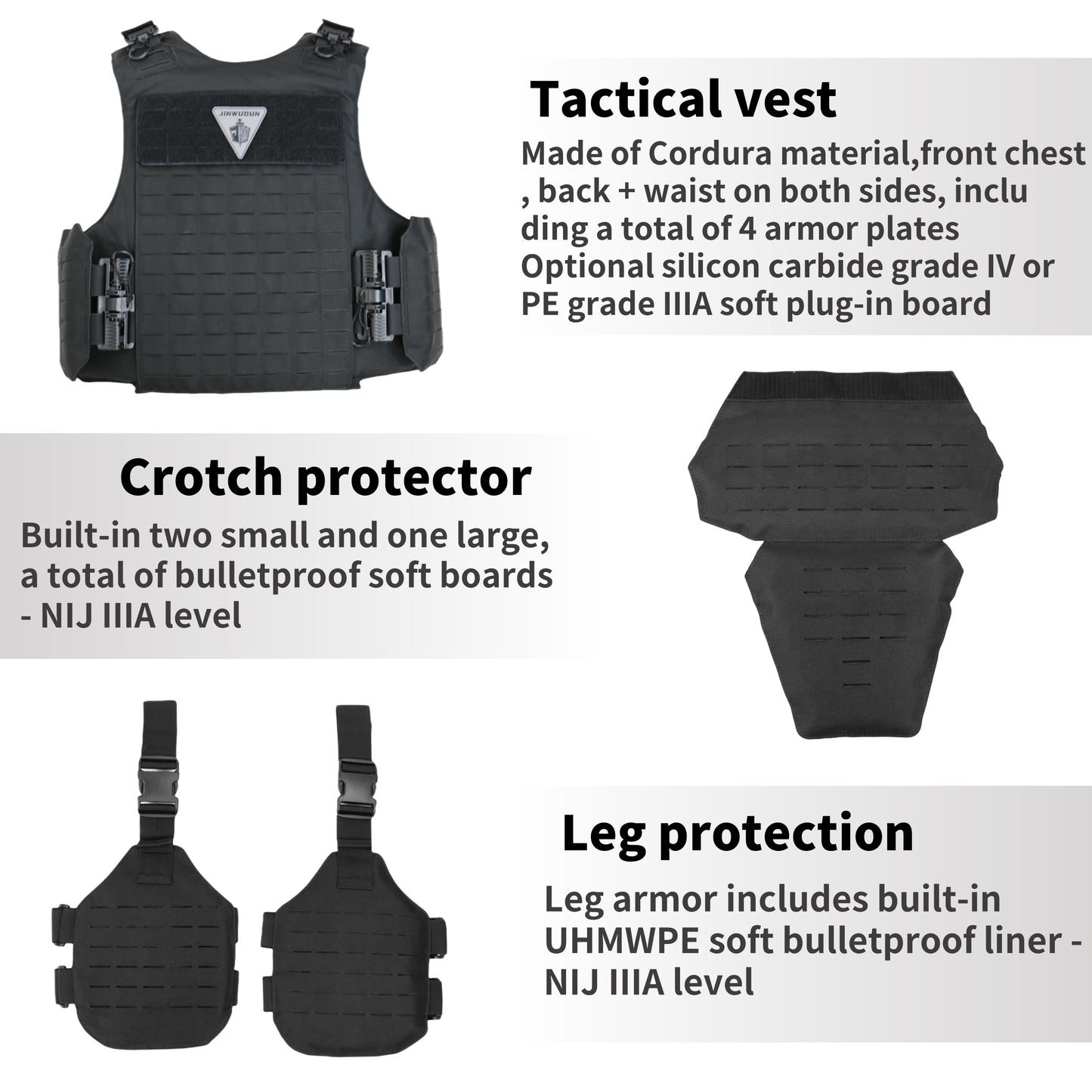 Full-Body Protection Bulletproof Vest NIJ IIIA/IV | Tactical Body Armor for Neck, Chest, Back, Groin, Leg Protection – Black