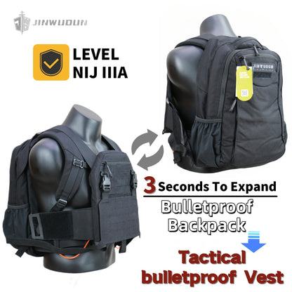 NIJ IIIA Bulletproof Backpack: Transforms into Tactical Vest in 3 Seconds, Made with Durable Cordura Material