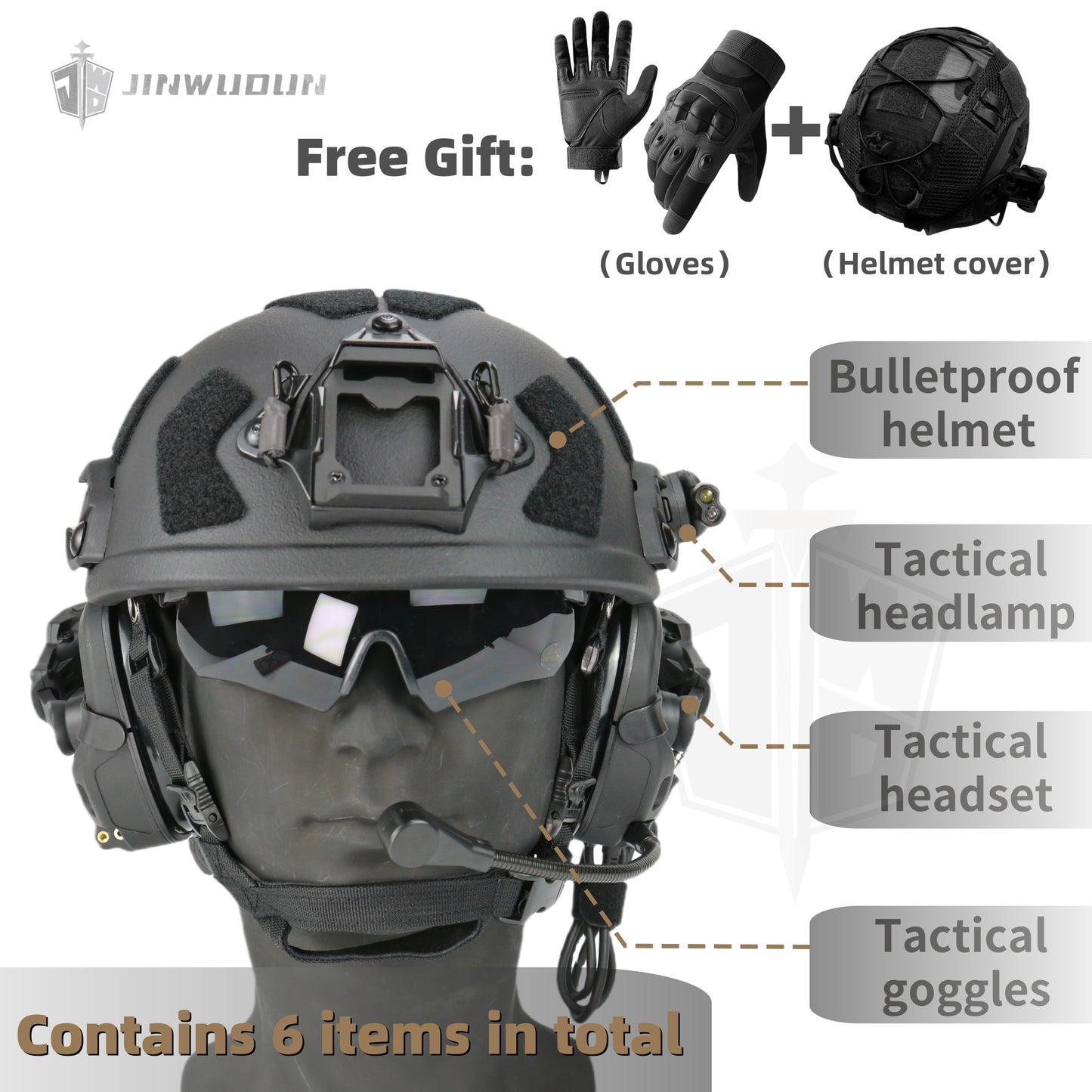 Level IIIA+ High Cut Bulletproof Helmet, 6-Piece Set，Tactical headsets, headlamps, goggles, etc.